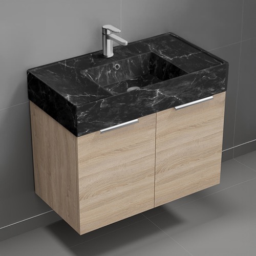 Nameeks DERIN1004 Modern Bathroom Vanity With Black Marble Design Sink, Wall Mounted, Single, 32 Inch, Brown Oak